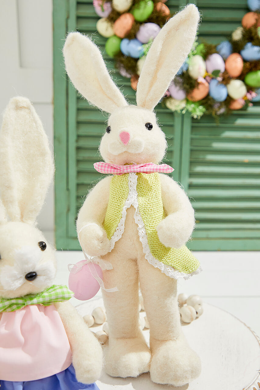 17" Felt Bunny with Egg Easter Spring Decorative Figurine Boy and Girl Bunny Set with Pastel Details and Basket Accent for Seasonal Home Decor