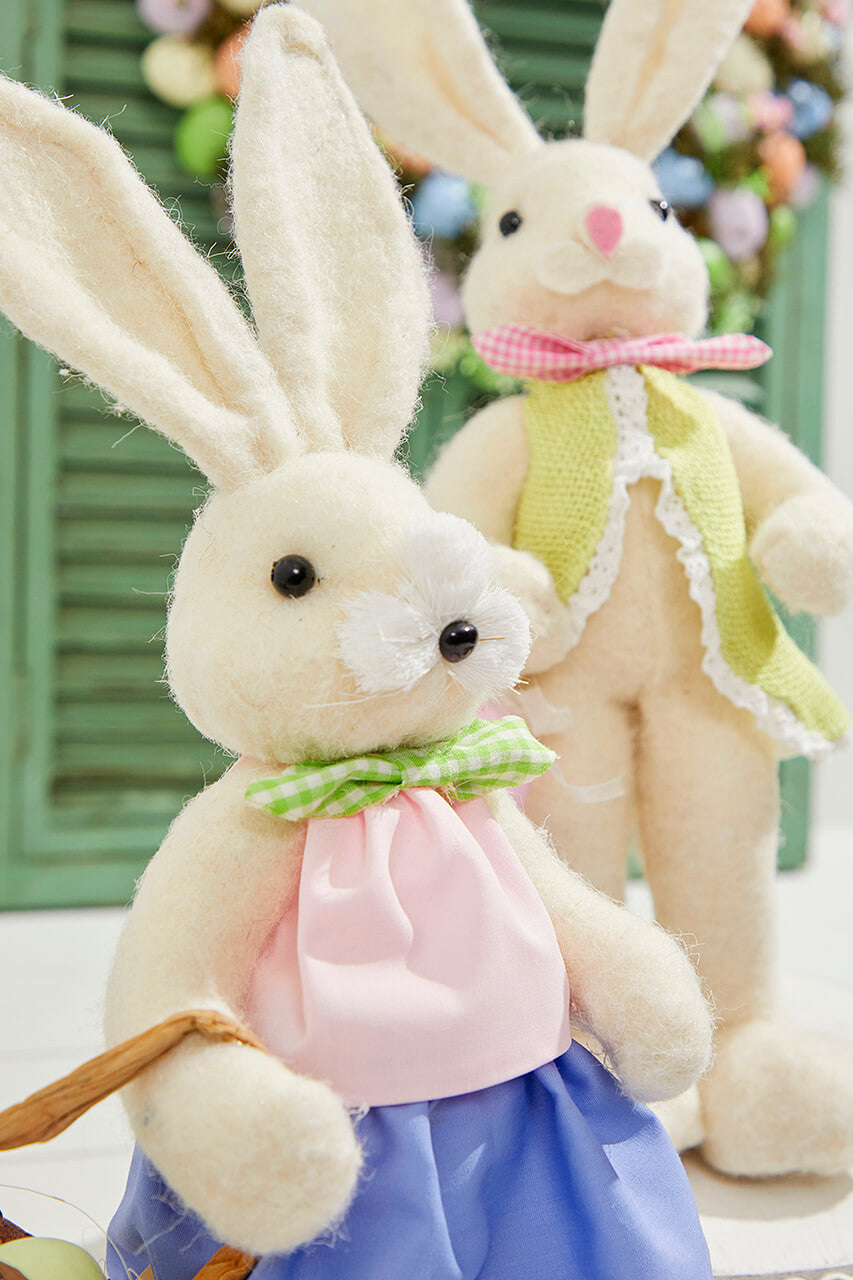 17" Felt Bunny with Egg Easter Spring Decorative Figurine Boy and Girl Bunny Set with Pastel Details and Basket Accent for Seasonal Home Decor