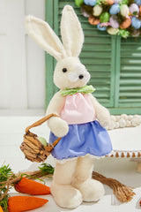 17" Felt Bunny with Egg Easter Spring Decorative Figurine Boy and Girl Bunny Set with Pastel Details and Basket Accent for Seasonal Home Decor