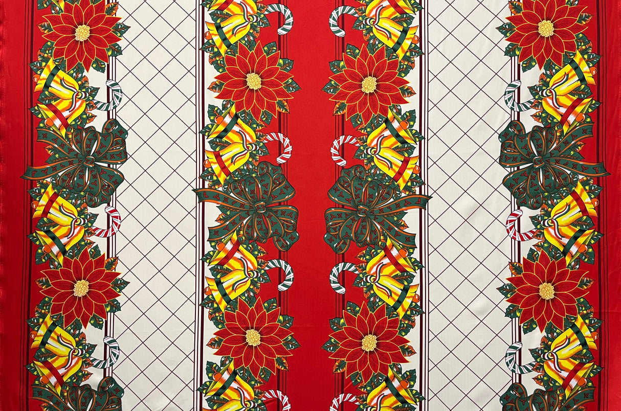 Festive Bells & Poinsettias Polyester Fabric - Red Poinsettias, Bells, Candy Canes, Green Bows, Diamond Lattice, 58" Width (1 Yard)