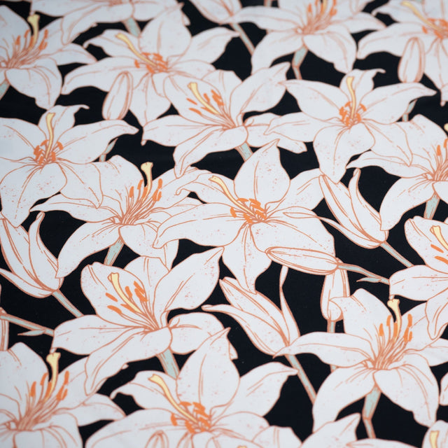 Field Of White Lilies Nylon Spandex Fabric - White Lilies Print, 55/56" Width (1 Yard)