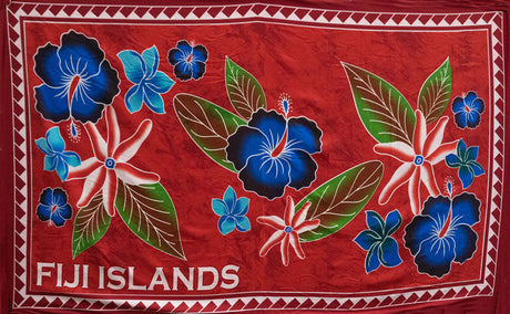 Fiji Islands Tropical Flowers Banana Leaf Polyester Fabric - Royal Blue Tropical Flowers, Banana Leaf Print, 72" L x 45" W (1 Piece)