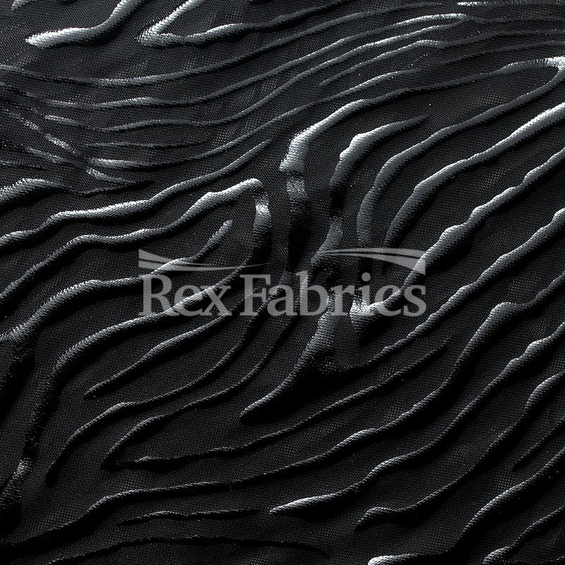 Flame Foil Mesh Nylon Spandex Fabric - Silver Black, Black Gold, Red Black, Black Black Jaguar Pattern, 58-60" Width, 4-Way Stretch (1 Yard)