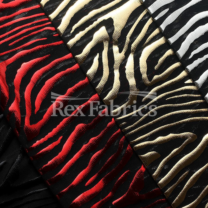 Flame Foil Mesh Nylon Spandex Fabric - Silver Black, Black Gold, Red Black, Black Black Jaguar Pattern, 58-60" Width, 4-Way Stretch (1 Yard)