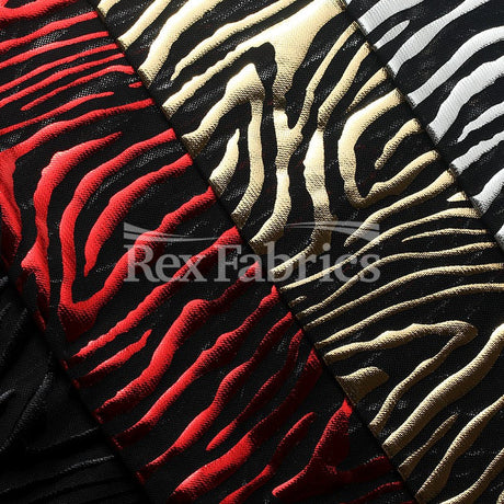Flame Foil Mesh Nylon Spandex Fabric - Silver Black, Black Gold, Red Black, Black Black Jaguar Pattern, 58-60" Width, 4-Way Stretch (1 Yard)