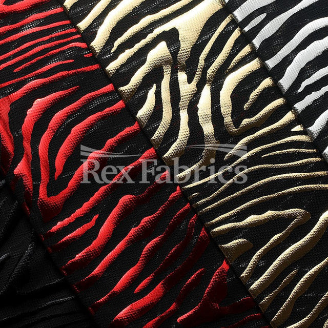 Flame Foil Mesh Nylon Spandex Fabric - Silver Black, Black Gold, Red Black, Black Black Jaguar Pattern, 58-60" Width, 4-Way Stretch (1 Yard)