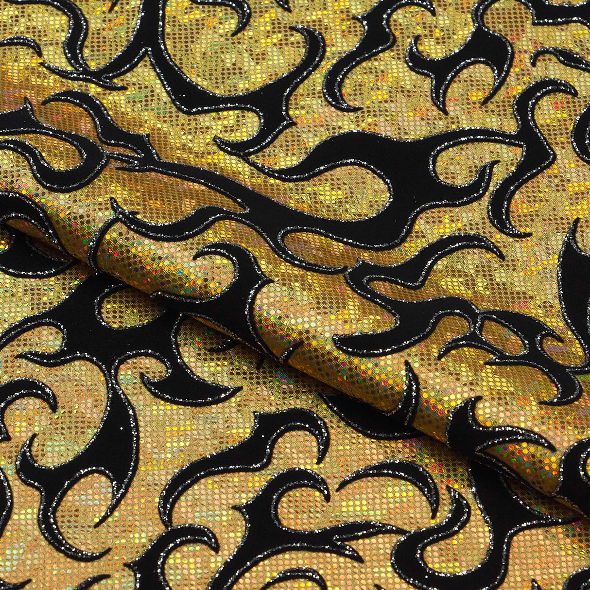 Flame Flocked Hologram Spandex Fabric - Royal, Flame Pattern, 56/58" Width (1 Yard)