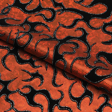 Flame Flocked Hologram Spandex Fabric - Royal Flame Pattern, 56/58" Width (1 Yard)