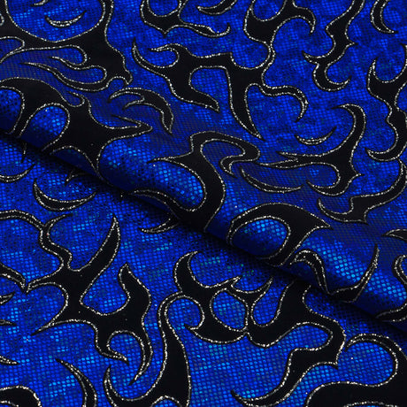 Flame Flocked Hologram Spandex Fabric - Royal, Flame Pattern, 56/58" Width (1 Yard)