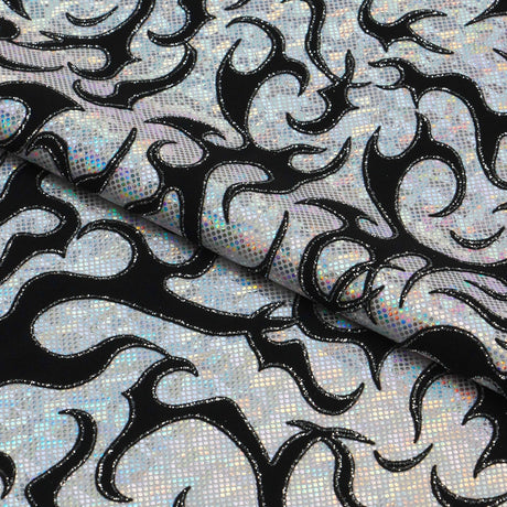 Flame Flocked Hologram Spandex Fabric - Royal Flame Pattern, 56/58" Width (1 Yard)
