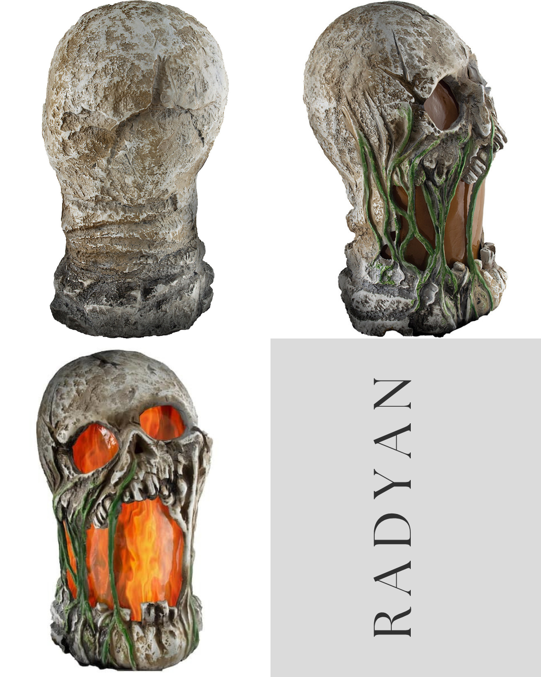 12" Flaming Rotted Skull Animated Prop