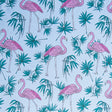 Stretch Woven Flamingos and Foliage on Blue