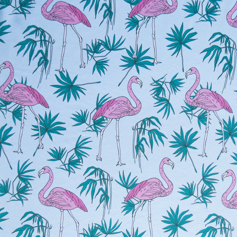 Stretch Woven Flamingos and Foliage on Blue