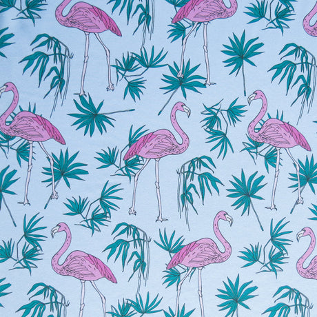 Stretch Woven Flamingos and Foliage on Blue