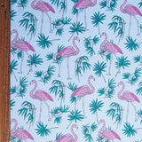Stretch Woven Flamingos and Foliage on Blue