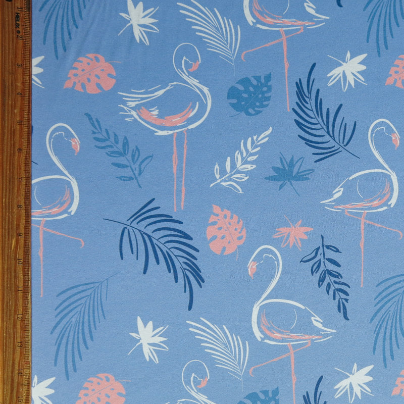 Stretch Woven Flamingos on Periwinkle Boardshort Fabric
