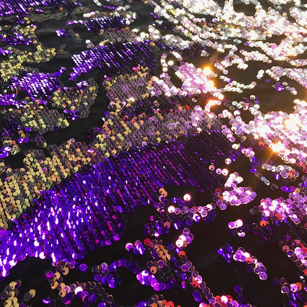 Flashback Stretch Velvet Flip Sequin Fabric - Black/Cool Iridescent, Black/Green Iridescent, Black/Purple Iridescent, White/Cool Iridescent, 58/60" Cut Width, 50" Usable Width (1 Yard)