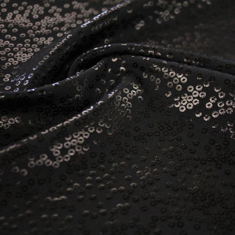 Flipside Foil Printed Superflex Nylon Spandex Fabric - Charcoal/Silver, Metallic Scattered Dot Foil Print, 56" Width (1 Yard)