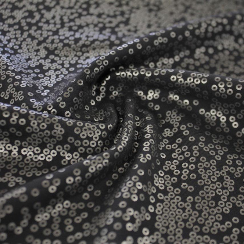 Flipside Foil Printed Superflex Nylon Spandex Fabric - Charcoal/Silver, Metallic Scattered Dot Foil Print, 56" Width (1 Yard)
