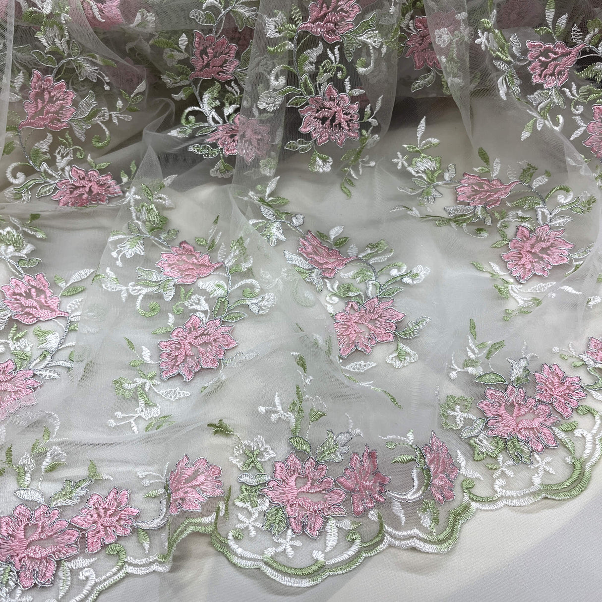 Corded Floral Lace Fabric - Scalloped Edges, 53" Width (1 Yard)