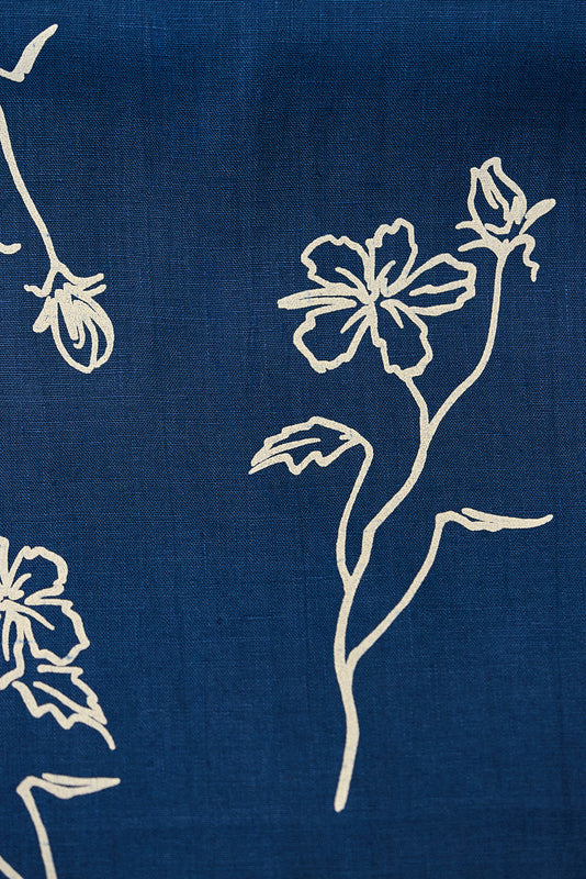 1 Yard Indigo Pure Linen Batique Print Fabric Midweight Printed Laundered 58 Inch Width