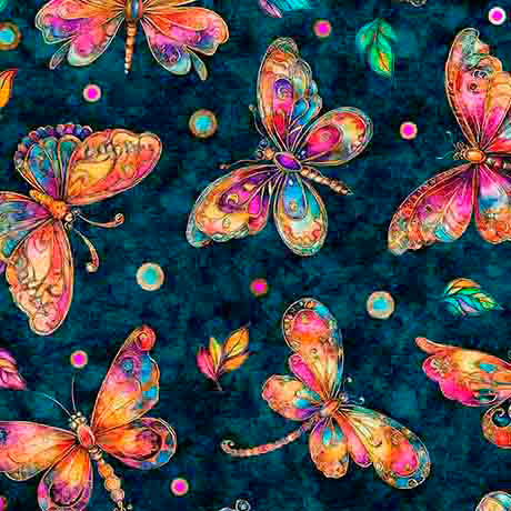 Cotton Print Fluttering Gardens Butterflies Teal Fabric 44/45"