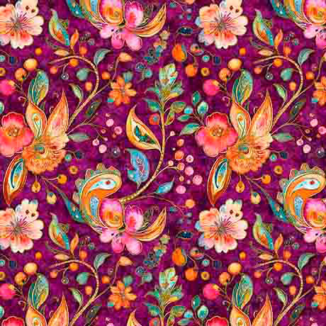 Cotton Print Fluttering Gardens Butterfly Floral Paisley Sangria 44/45" Fabric