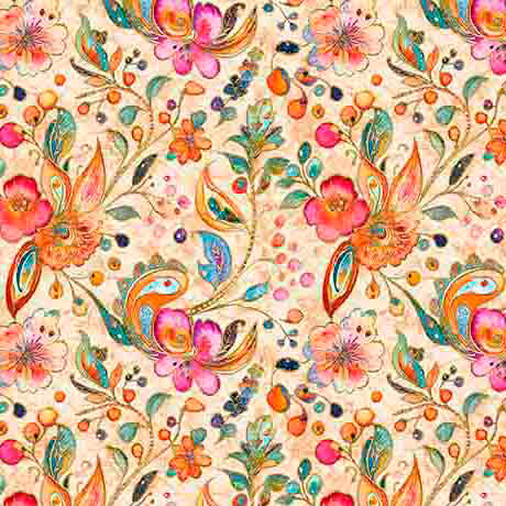 Cotton Print Fluttering Gardens Butterfly Floral Paisley Sangria 44/45 Fabric