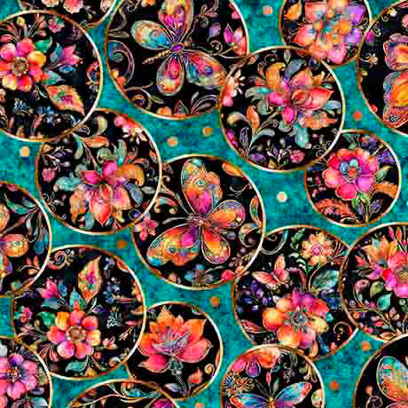 Cotton Print Butterfly Medallion Turquoise Fabric 44/45