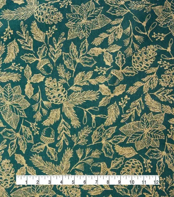 Quilting Cotton Forest Finds Green Metallic Christmas Fabric