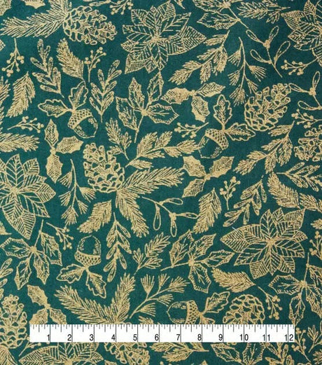 Quilting Cotton Forest Finds Green Metallic Christmas Fabric