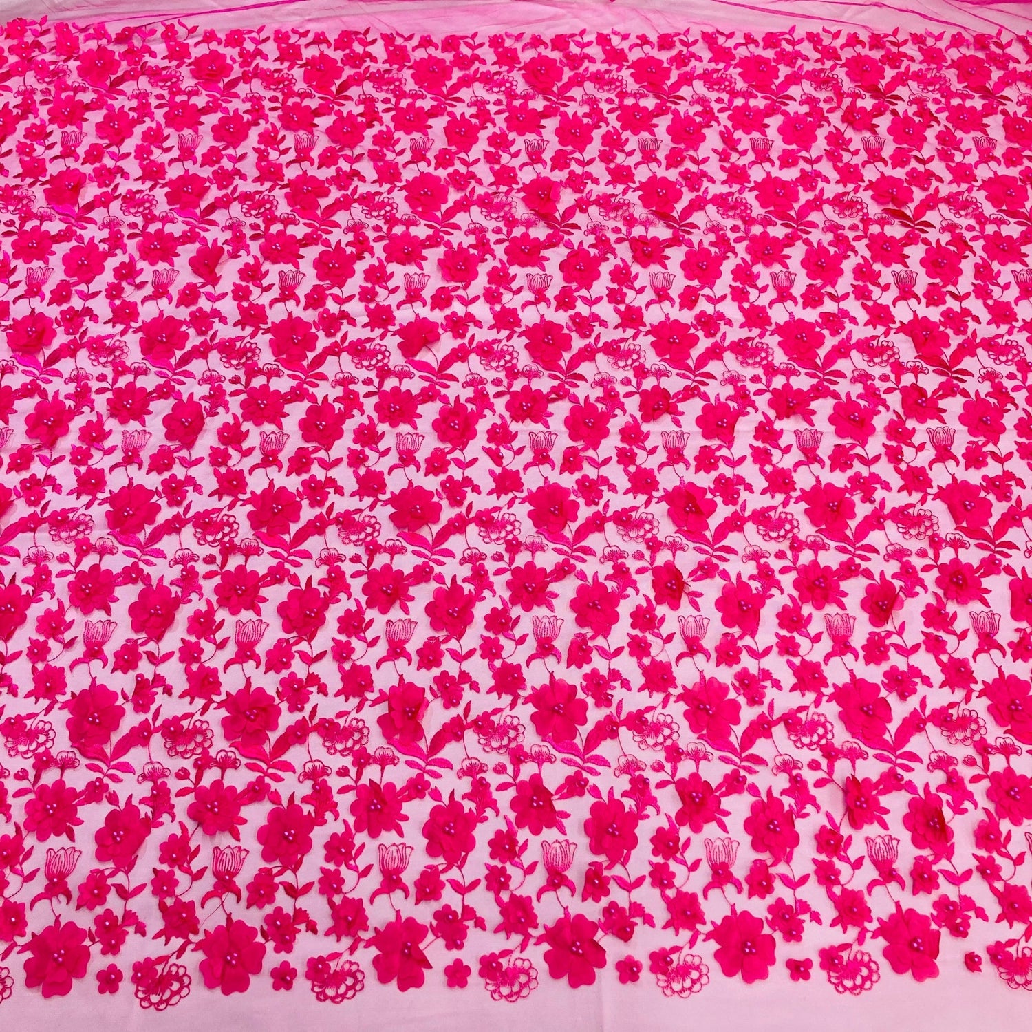 Beaded 3D Floral Lace Fabric - 100 Percent Polyester Lace Fabric, 3D Floral Embroidery, 49" Width, 9 Colors (1 Yard)