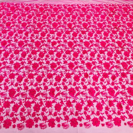 Beaded 3D Floral Lace Fabric - 100 Percent Polyester Lace Fabric, 3D Floral Embroidery, 49" Width, 9 Colors (1 Yard)