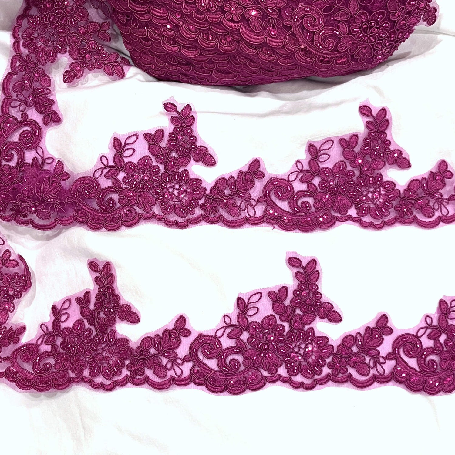 Beaded Corded Lace Trim on Polyester Net Mesh
