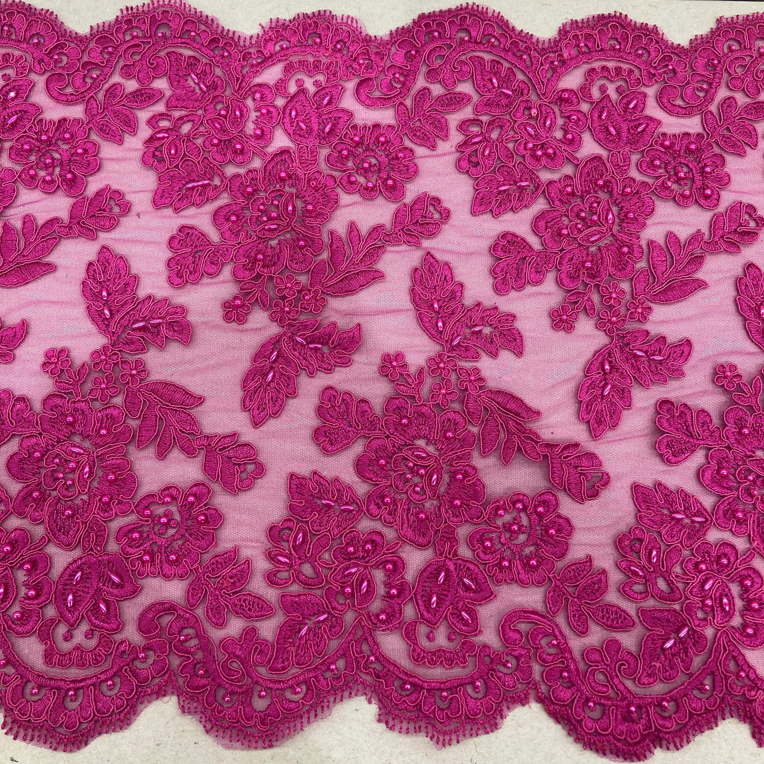 Double Sided Beaded & Corded Lace Trim Polyester Fabric - Embroidered Couture Lace, 14.5" Width (1 Yard)