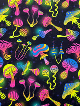 Black Trippy Mushroom Polyester Spandex Fabric - Black Mushroom Print, 58"/60" Width (1 Yard)