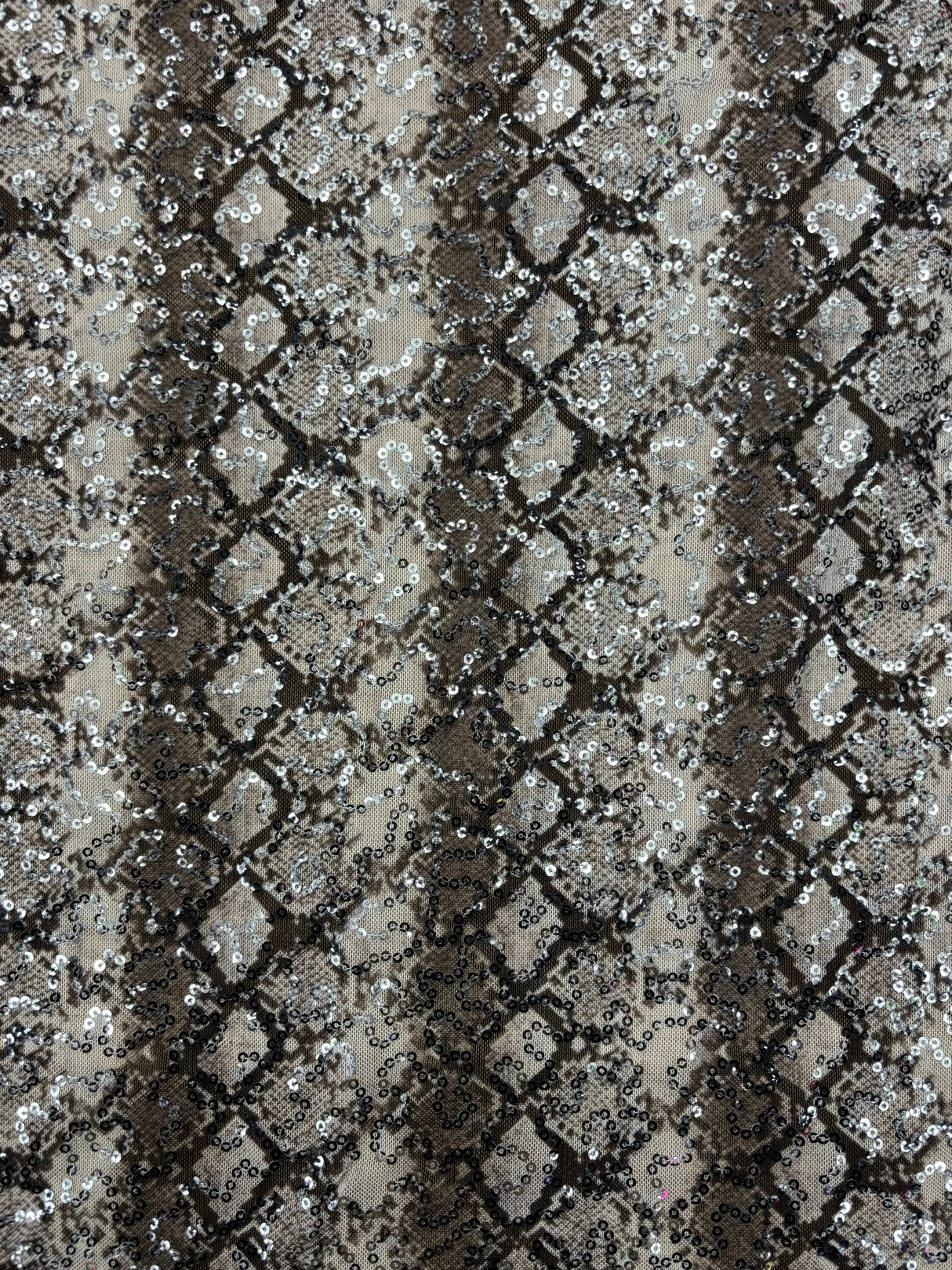 Grey Snake Print Sequin Mesh Fabric - Grey Snake Print, 4-Way Stretch, Medium Weight (1 Yard)