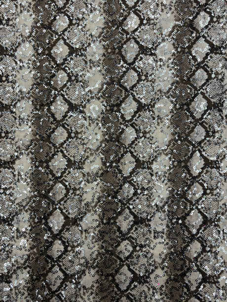 Grey Snake Print Sequin Mesh Fabric - Grey Snake Print, 4-Way Stretch, Medium Weight (1 Yard)