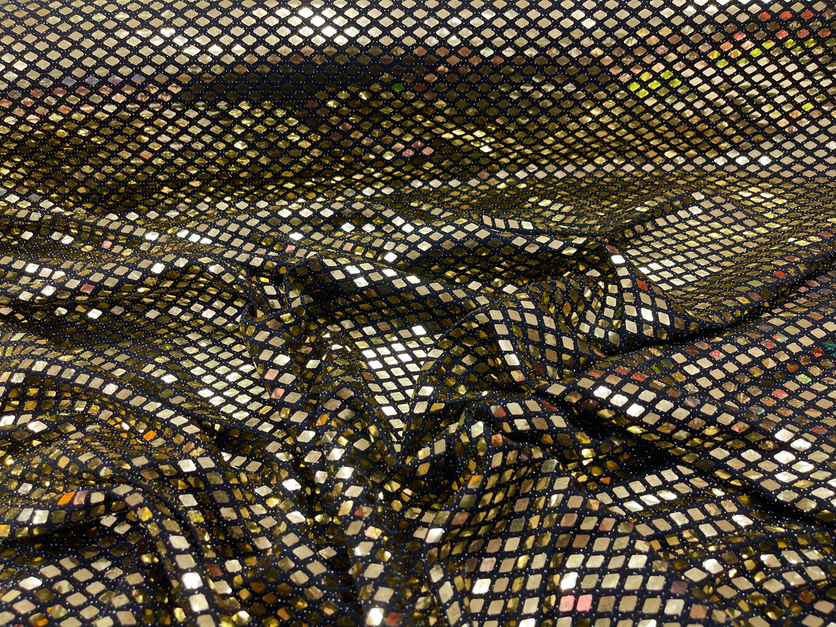 Gold Diamond Sequin Metallic Lurex Fabric - Black, Diamond Sequin Pattern, 58" Width (1 Yard)