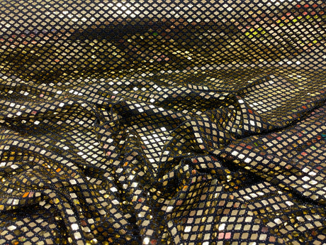 Gold Diamond Sequin Metallic Lurex Fabric - Black, Diamond Sequin Pattern, 58" Width (1 Yard)
