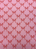 Bow Print Spandex Fabric - White/Pink Bow Print, 58"/60" Width (1 Yard)