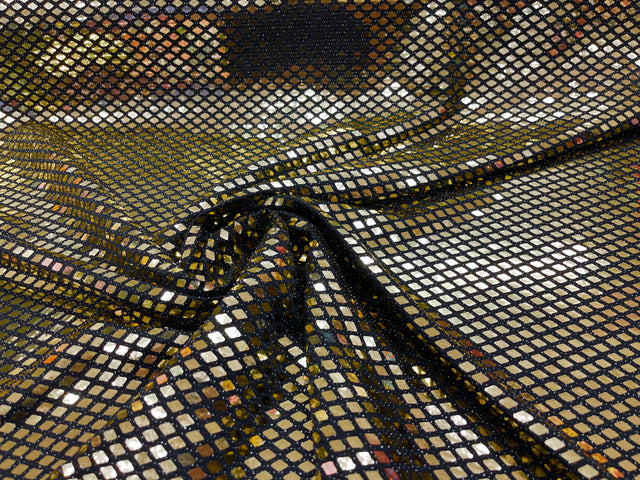 Gold Diamond Sequin Metallic Lurex Fabric - Black, Diamond Sequin Pattern, 58" Width (1 Yard)