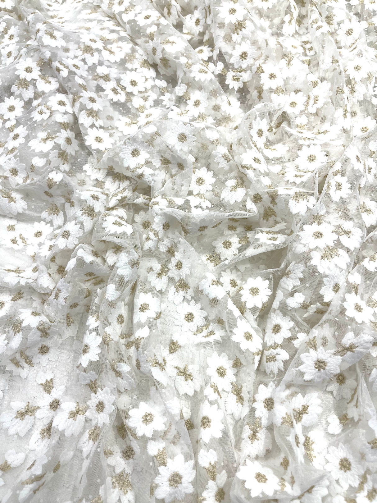Ivory/Gold Metallic French Inspired Embroidered Lace Fabric - Floral Embroidery, Soft Off White Tulle Mesh, 54" Width (1 Yard)