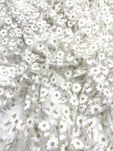 Ivory/Gold Metallic French Inspired Embroidered Lace Fabric - Floral Embroidery, Soft Off White Tulle Mesh, 54" Width (1 Yard)
