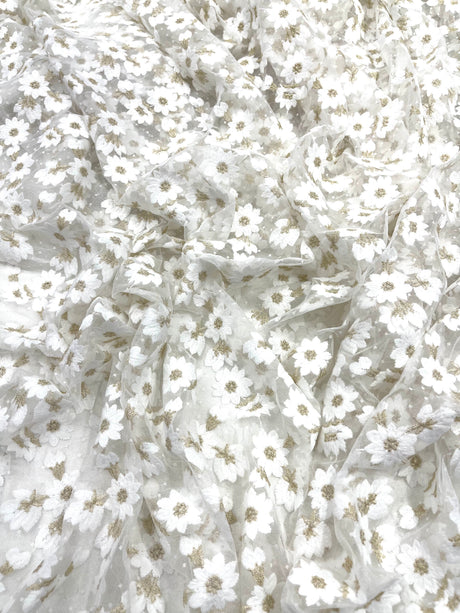 Ivory/Gold Metallic French Inspired Embroidered Lace Fabric - Floral Embroidery, Soft Off White Tulle Mesh, 54" Width (1 Yard)