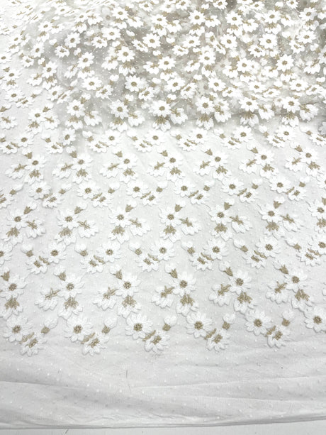 Ivory/Gold Metallic French Inspired Embroidered Lace Fabric - Floral Embroidery, Soft Off White Tulle Mesh, 54" Width (1 Yard)
