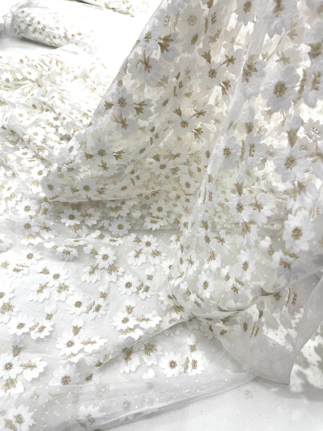 Ivory/Gold Metallic French Inspired Embroidered Lace Fabric - Floral Embroidery, Soft Off White Tulle Mesh, 54" Width (1 Yard)