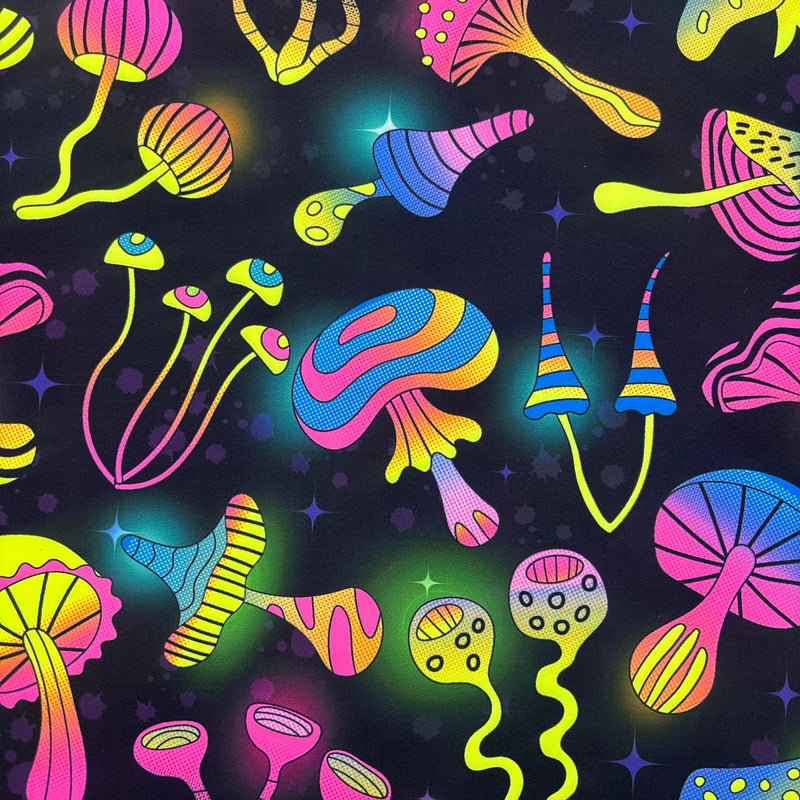 Black Trippy Mushroom Polyester Spandex Fabric - Black Mushroom Print, 58"/60" Width (1 Yard)
