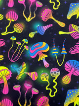 Black Trippy Mushroom Polyester Spandex Fabric - Black Mushroom Print, 58"/60" Width (1 Yard)