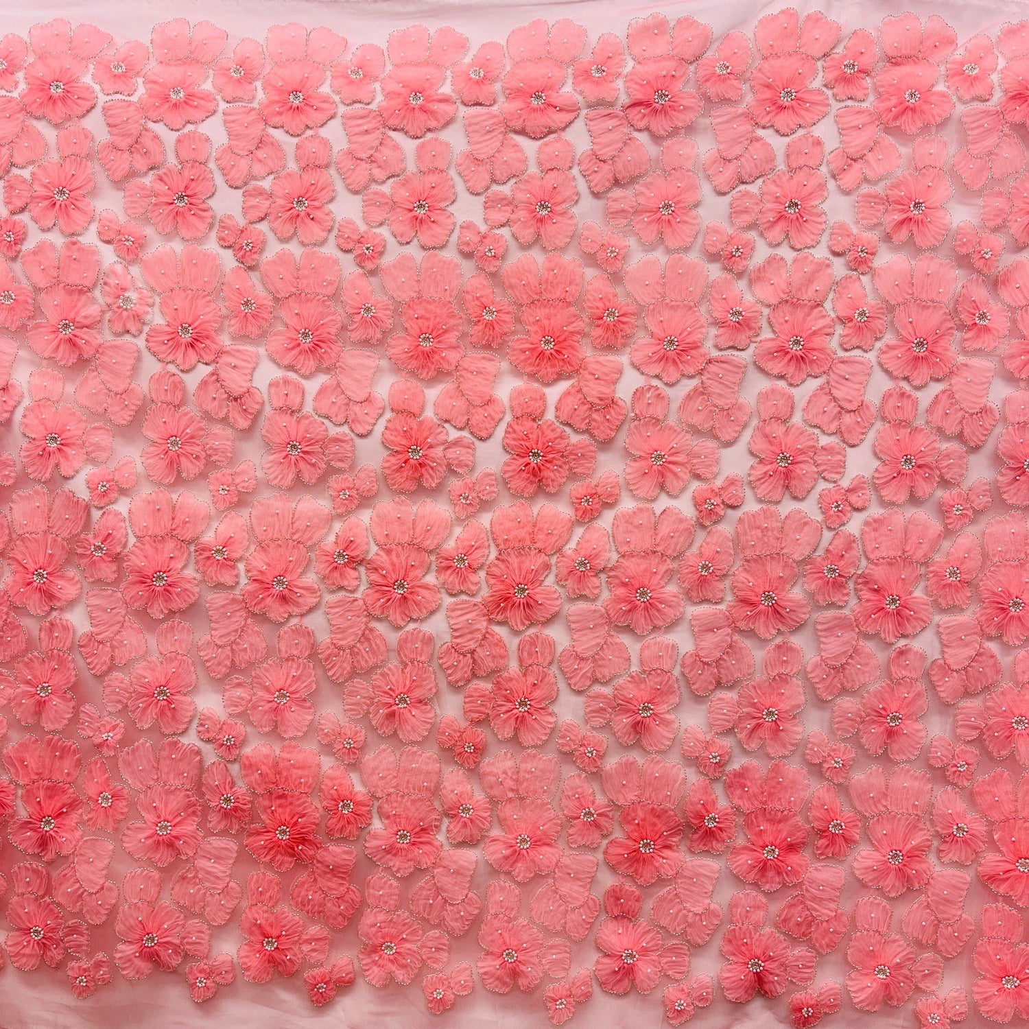 Beaded 3D Floral Lace Fabric - 3D Floral Embroidered Net Mesh, 52" Wide (1 Yard)